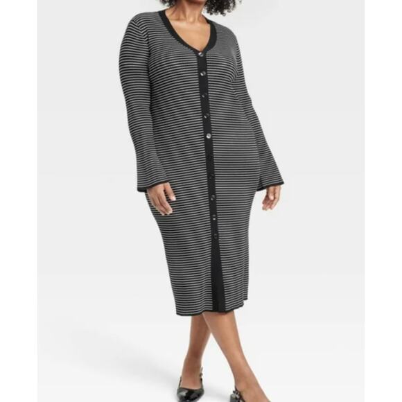 NWT Dress A New Day Gray Buttoned Long Sleeve V-neck Dres Sweater Midi M - Picture 1 of 10